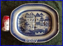 Antique Chinese Export 19th Cent Blue White CANTON Meat Platter Well Tree 15.5W