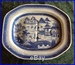 Antique Chinese Export 19th Cent Blue White CANTON Meat Platter Well Tree 15.5W