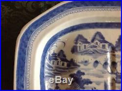 Antique Chinese Export 19th Cent Blue White CANTON Meat Platter Well Tree 15.5W