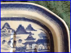 Antique Chinese Export 19th Cent Blue White CANTON Meat Platter Well Tree 15.5W