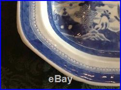 Antique Chinese Export 19th Cent Blue White CANTON Meat Platter Well Tree 15.5W