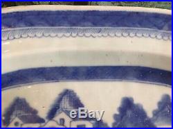 Antique Chinese Export 19th Cent Blue White CANTON Meat Platter Well Tree 15.5W