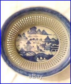Antique Chinese Export Blue And White Canton Reticulated Chestnut Basket & Plate
