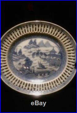 Antique Chinese Export Blue And White Canton Reticulated Chestnut Basket & Plate