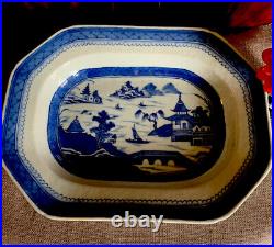 Antique Chinese Export Blue Canton Blue White Porcelain Platter Shallow Bowl