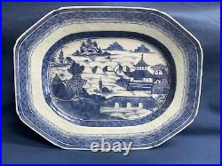 Antique Chinese Export Blue & White Canton Platter 12 3/8 by 9 5/8
