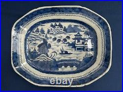 Antique Chinese Export Blue & White Canton Platter 15 3/8 by 12 1/4