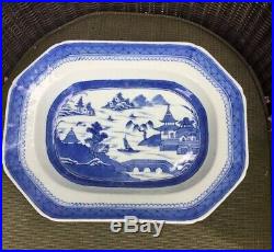 Antique Chinese Export Blue White Canton Porcelain Platter Shallow Bowl
