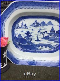 Antique Chinese Export Blue White Canton Porcelain Platter Shallow Bowl