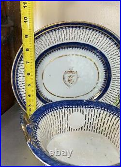 Antique Chinese Export Blue White Reticulated Porcelain Fruit Basket Platter Set