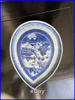 Antique Chinese Export Canton Blue and White Leaf Plate Tray Dish 19th C