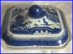 Antique Chinese Export Porcelain Blue White Canton Covered Vegetable Dish 19thC