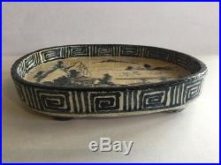 Antique Chinese Japanese Footed Porcelain Blue & White Glazed Tray Dish