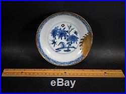 Antique Chinese Ming Kangxi Transitional Blue White Saucer Dish Metal Repair