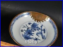 Antique Chinese Ming Kangxi Transitional Blue White Saucer Dish Metal Repair