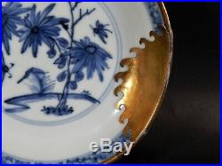 Antique Chinese Ming Kangxi Transitional Blue White Saucer Dish Metal Repair