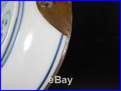 Antique Chinese Ming Kangxi Transitional Blue White Saucer Dish Metal Repair