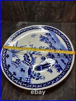 Antique Chinese Or Japanese Blue White Porcelain Plate 40cm In Diameter