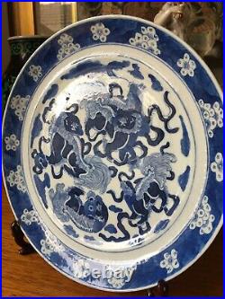 Antique Chinese Qing Daoguang Period Blue And White Lions Play Plate