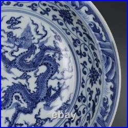 Antique Chinese Qing Dynasty Bowl Blue & White Porcelain Stemmed Charger Plate