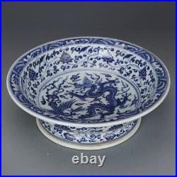 Antique Chinese Qing Dynasty Bowl Blue & White Porcelain Stemmed Charger Plate