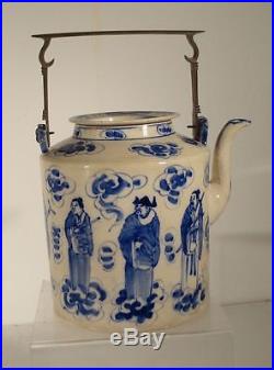 Antique Chinese Underglaze Blue and White Soft Pace Teapot Immortals Scholars