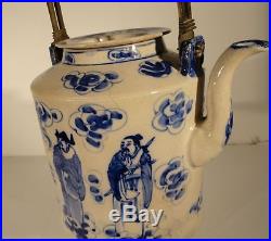 Antique Chinese Underglaze Blue and White Soft Pace Teapot Immortals Scholars