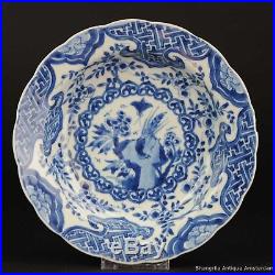 Antique Chinese ca 1700 Kangxi Kraak style Klapmuts Blue White Dish Rare Qing