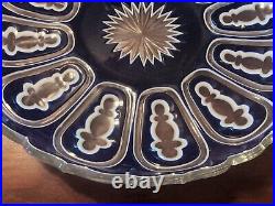Antique Cut Overlay Art Glass Plate Blue & White Cut to Clear