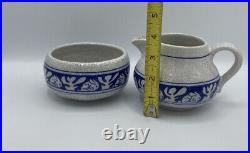 Antique Dedham Pottery-Rabbit Crackled Blue White creamer/sugar Small Chip Spout