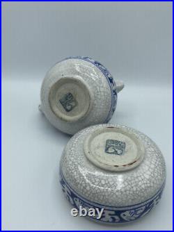 Antique Dedham Pottery-Rabbit Crackled Blue White creamer/sugar Small Chip Spout