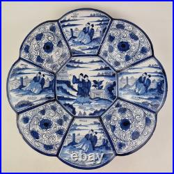 Antique Delft Blue And White Lobed Charger Chinoiserie Figures 31cm A/F