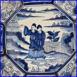 Antique Delft Blue And White Lobed Charger Chinoiserie Figures 31cm A/F