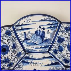 Antique Delft Blue And White Lobed Charger Chinoiserie Figures 31cm A/F