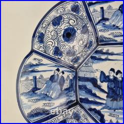 Antique Delft Blue And White Lobed Charger Chinoiserie Figures 31cm A/F
