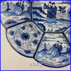 Antique Delft Blue And White Lobed Charger Chinoiserie Figures 31cm A/F