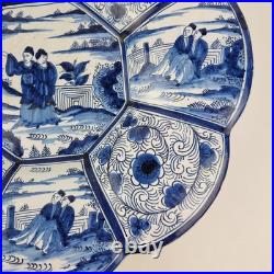 Antique Delft Blue And White Lobed Charger Chinoiserie Figures 31cm A/F