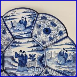 Antique Delft Blue And White Lobed Charger Chinoiserie Figures 31cm A/F