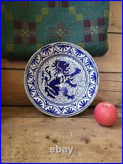 Antique Delft Faience Plate 9 Inches Rampant Lion Blue And White