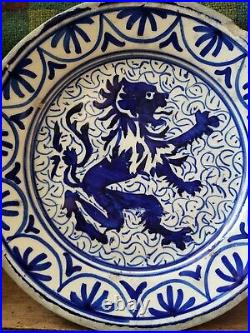 Antique Delft Faience Plate 9 Inches Rampant Lion Blue And White