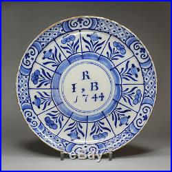 Antique Dutch Delft blue and white plate, dated 1744