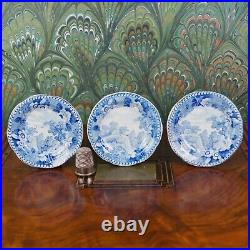 Antique English Pottery Miniature Doll Plates Set Three Blue and White Pre 1840