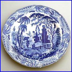 Antique English pearlware pottery Davenport Chinoiserie Ruins B&W Plate C. 1810+