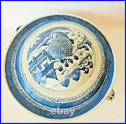 Antique Export Canton Warming Dish Porcelain Blue White 19 C Lid 1 Repair Under