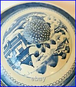 Antique Export Canton Warming Dish Porcelain Blue White 19 C Lid 1 Repair Under