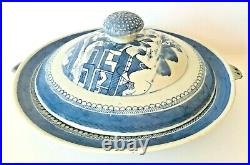 Antique Export Canton Warming Dish Porcelain Blue White 19 C Lid 1 Repair Under