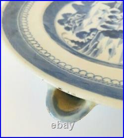 Antique Export Canton Warming Dish Porcelain Blue White 19 C Lid 1 Repair Under