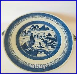 Antique Export Canton Warming Dish Porcelain Blue White 19 C Lid 1 Repair Under