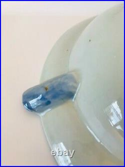 Antique Export Canton Warming Dish Porcelain Blue White 19 C Lid 1 Repair Under