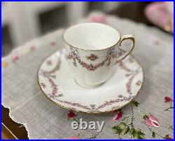 Antique HAVILAND LIMOGES Demitasse Cup Saucer Pink Rose Swags Blue Ribbons Bows